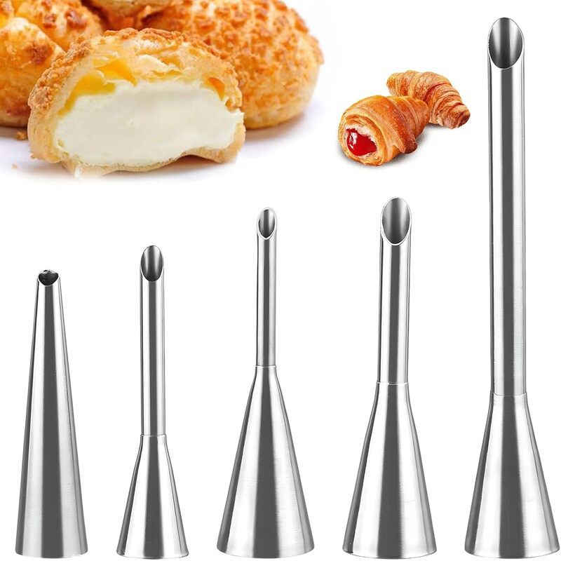 5Pcs Long Filling Puff Piping Tips Set, 304 Stainless Steel Cream Injector Nozzles for Puff, Croissant, Eclair Dessert Filling