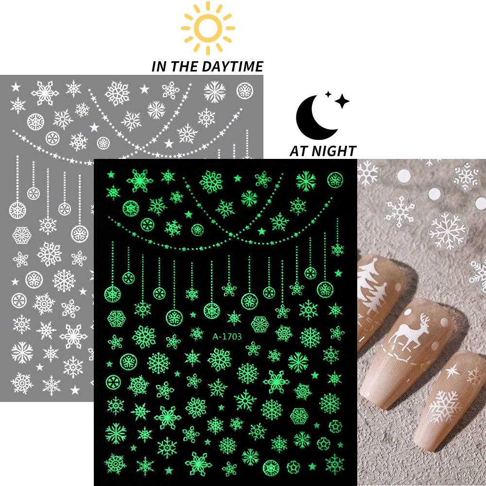 小红书爆款圣诞雪花美甲贴纸镭射银白色雪花麋鹿圣诞节指甲装饰贴