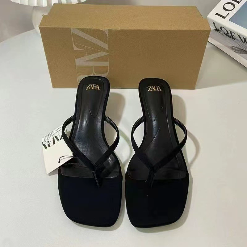 Black Satin Thong Flip Flop Slide Mules Women Square Open Toe Backless Kitten Heel Slip On Summer Sandals