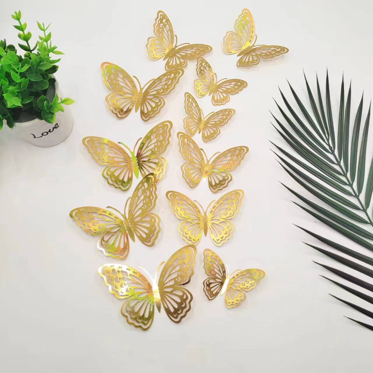 Shimmering 3D Butterfly Decor Set: Laser-Cut Metallic Design for Walls & Cakes, 12pcs in Mixed Sizes