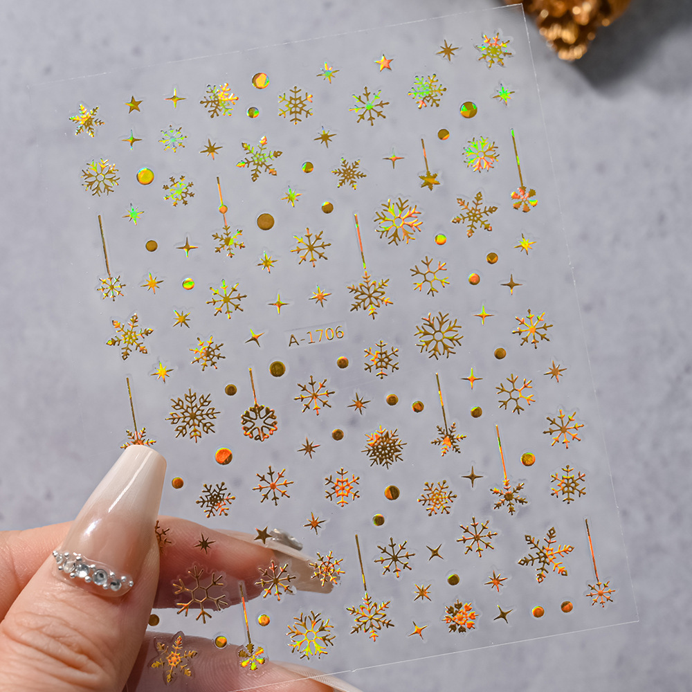 小红书爆款圣诞雪花美甲贴纸镭射银白色雪花麋鹿圣诞节指甲装饰贴