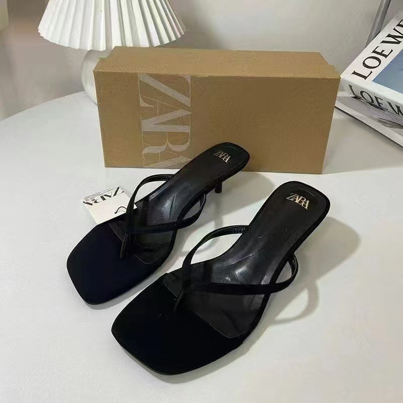Black Satin Thong Flip Flop Slide Mules Women Square Open Toe Backless Kitten Heel Slip On Summer Sandals