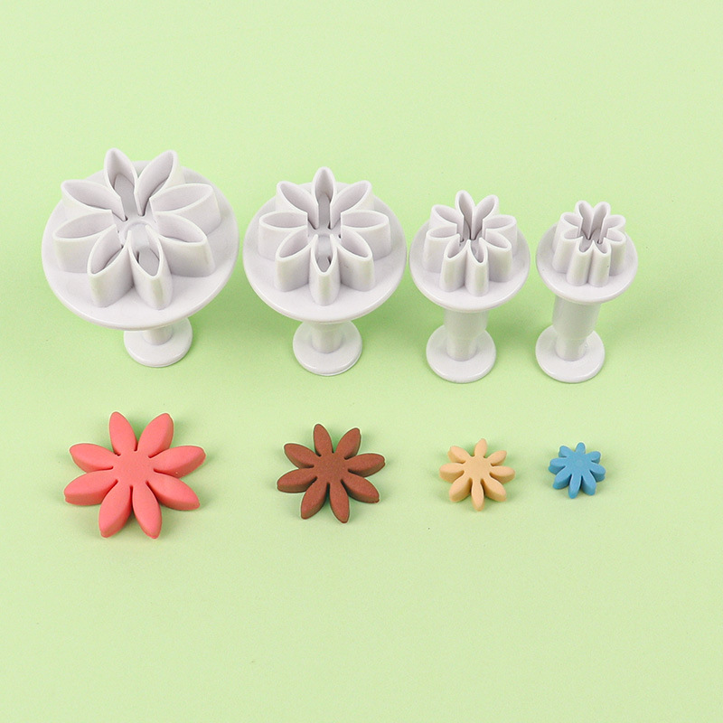 4Pcs Daisy Flower Spring Plunger Cutter Set - Plastic Fondant & Cookie Molds for Baking