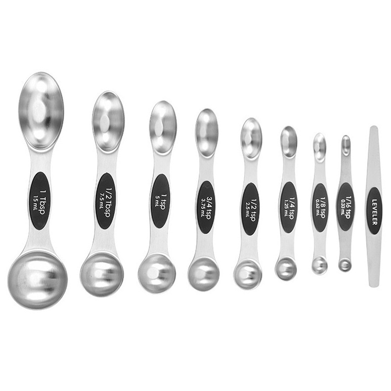 Magnetic Measuring Spoons Set of 9 Dual Sided Stainless Steel Measuring Spoons Stackable Nesting Tablespoon Teaspoon, Fits in Spice Jars, for Dry or Liquid Ingredients
