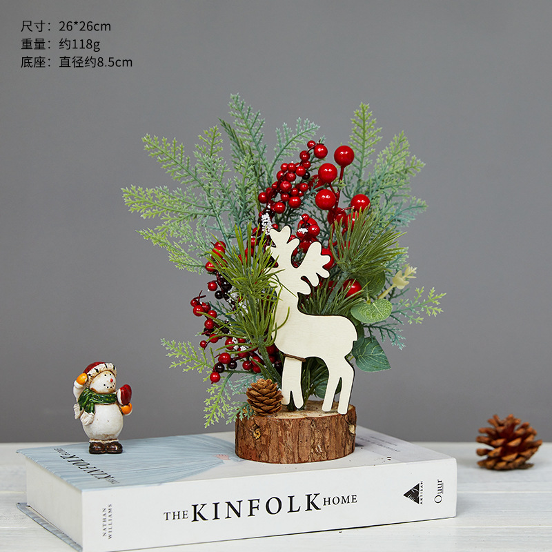 Mini Tabletop Christmas Arrangement Ornament Artificial Pine Sprig Red Berry Centerpiece Small Xmas Desktop Decor for Photo Props Holiday Scene Layout