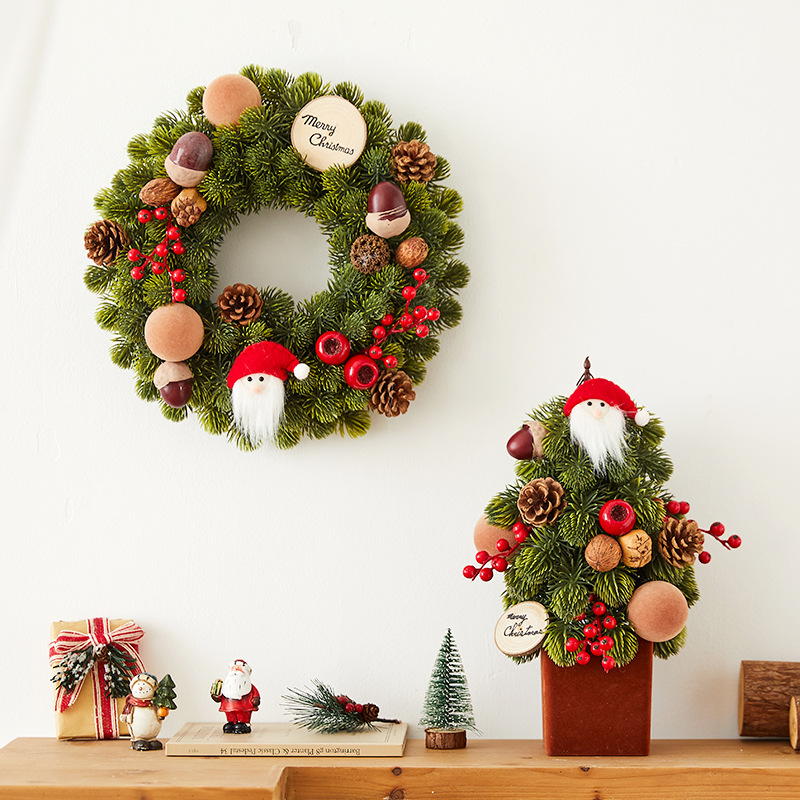 Natural Pine Cone Acorn Christmas Wreath & Mini Tabletop Tree Set Rustic Xmas Front Door Wreath Indoor Table Holiday Decor Ornament Kit