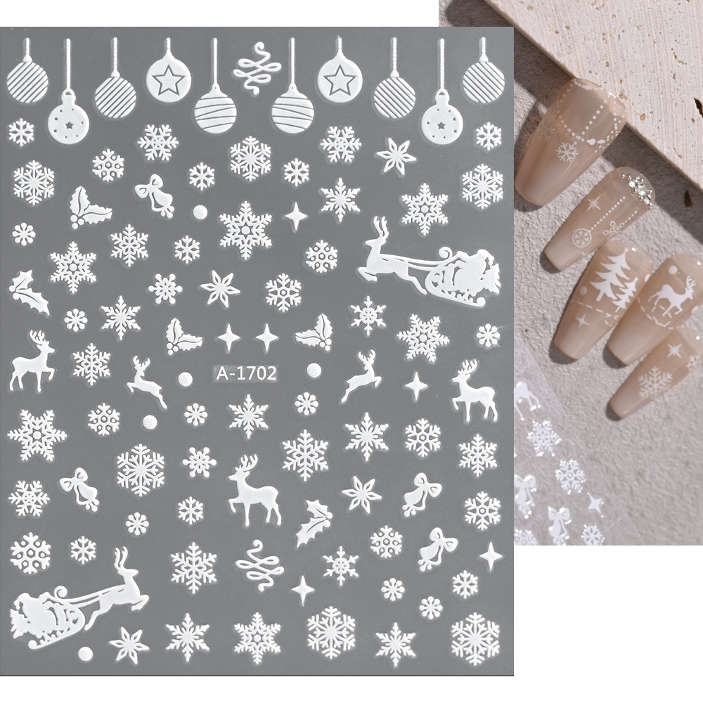小红书爆款圣诞雪花美甲贴纸镭射银白色雪花麋鹿圣诞节指甲装饰贴