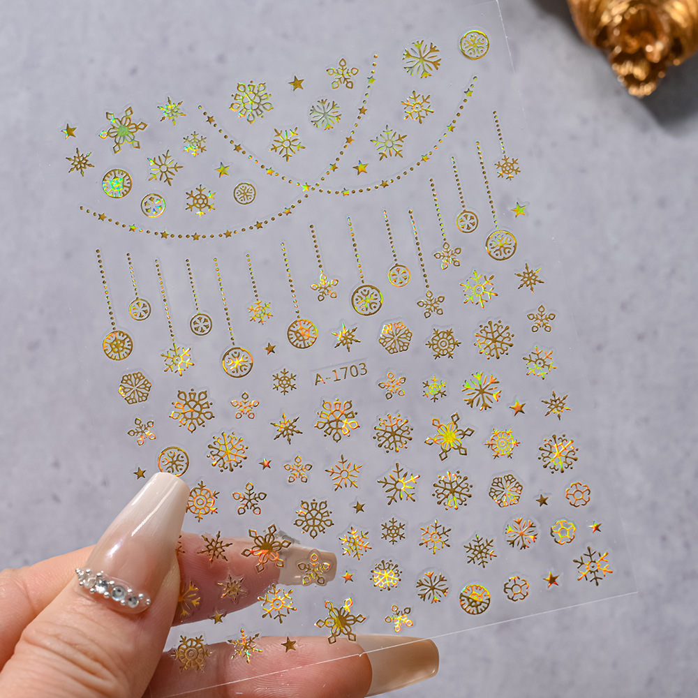 小红书爆款圣诞雪花美甲贴纸镭射银白色雪花麋鹿圣诞节指甲装饰贴