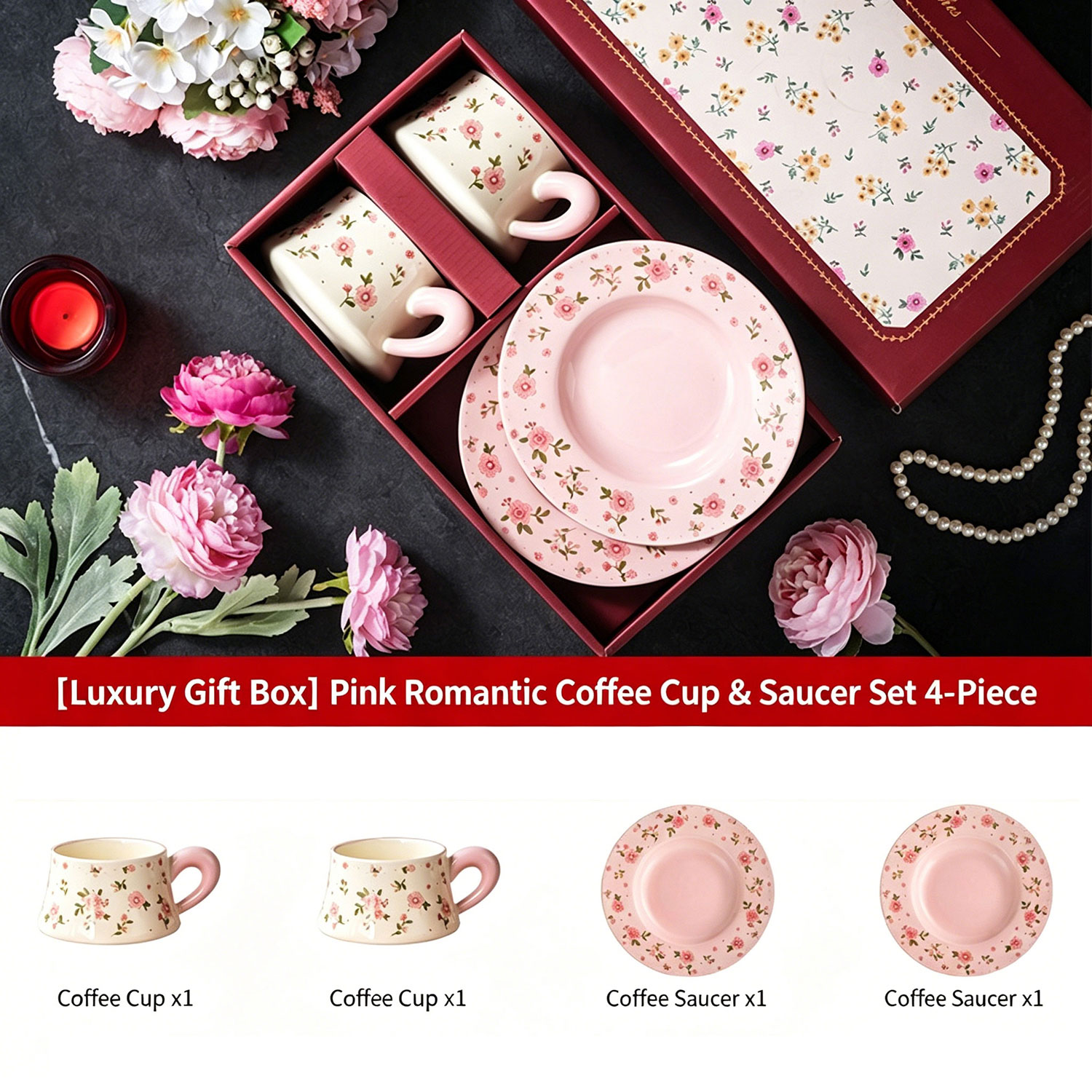 Floral Ceramic Coffee Cup Saucer Gift Set, Afternoon Tea Tableware Wedding Bridal Shower Souvenir Gift Box