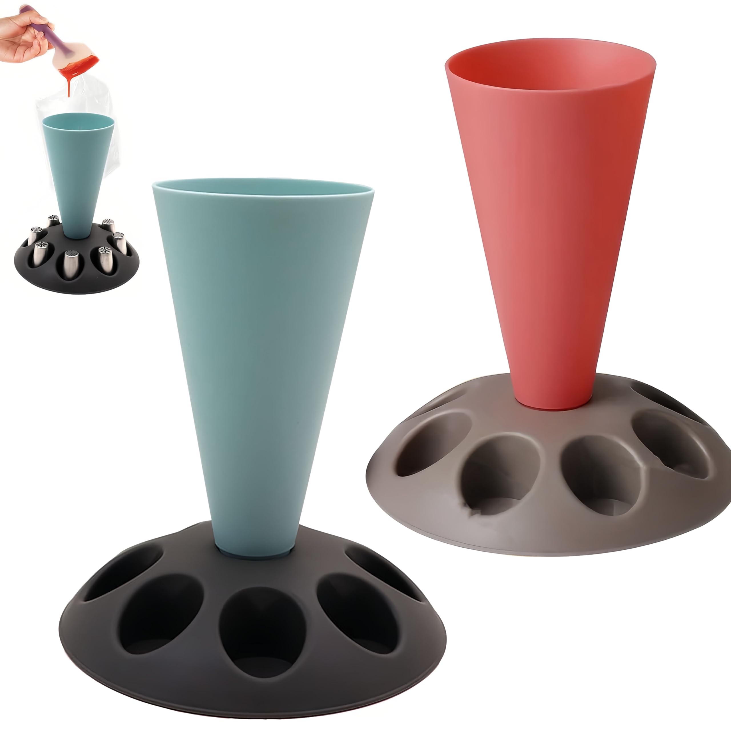 Piping Bag Holder Stand for Filling, Pastry Bag Holder Stand, Decorating Bag Holder with 8 Slots Nozzles Holder, Plastic Pastry Bag Stand for Cake Decorating Kit, Baking Accessories (Blue)（Red)(Yellow)(Grey)(Black)