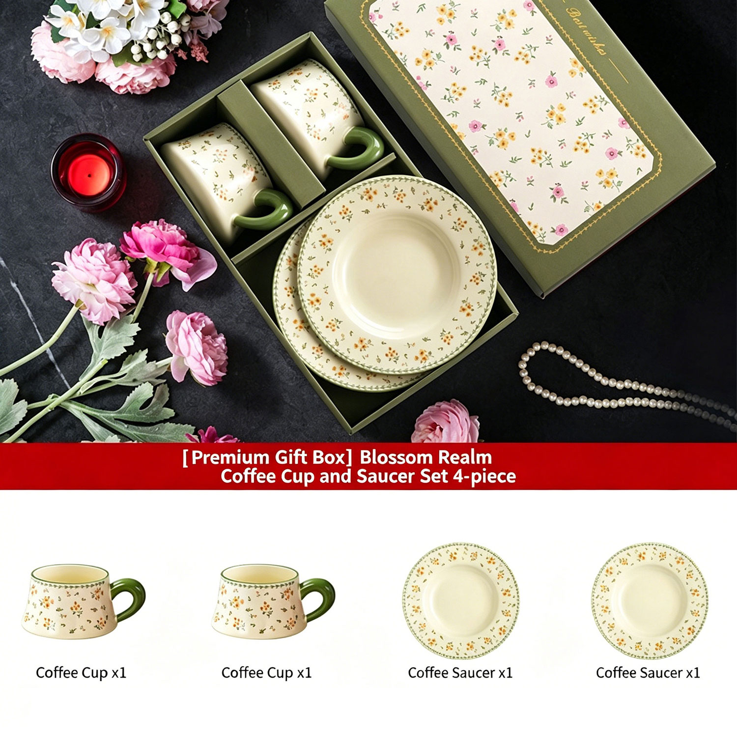 Floral Ceramic Coffee Cup Saucer Gift Set, Afternoon Tea Tableware Wedding Bridal Shower Souvenir Gift Box