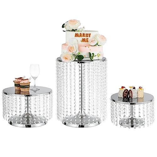 Silver Cake Stand Set of 3 - Elegant Round Tiered Stands with Crystal Beads for Wedding, Christmas & Dessert Displays