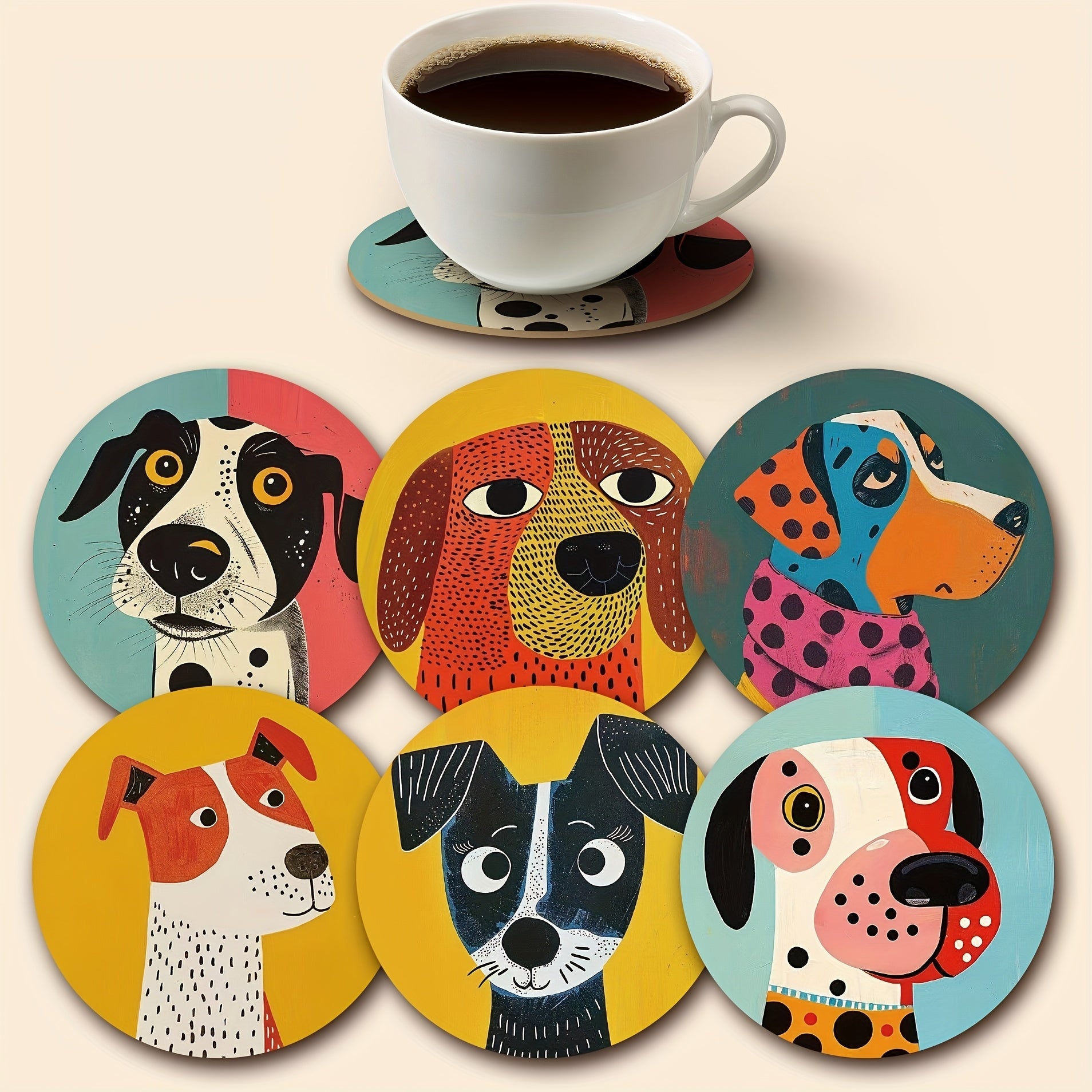 Heat-Resistant Puppy Coaster Set | 6 Wooden Drink Mats with Anti-Slip Base, Cute Dog Pattern Coffee Tea Cup Protectors, Home & Office Tableware Essentials
