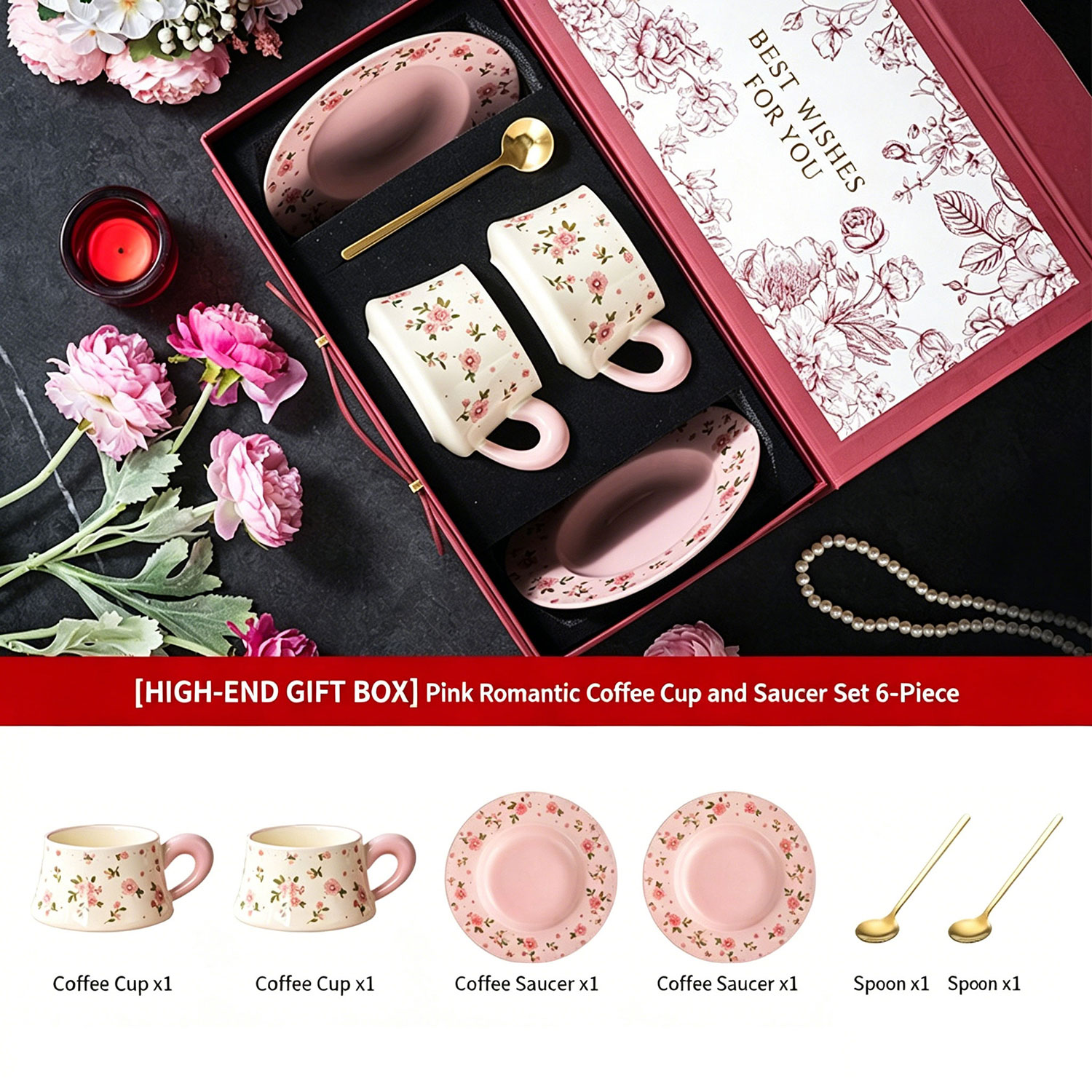 Floral Ceramic Coffee Cup Saucer Gift Set, Afternoon Tea Tableware Wedding Bridal Shower Souvenir Gift Box
