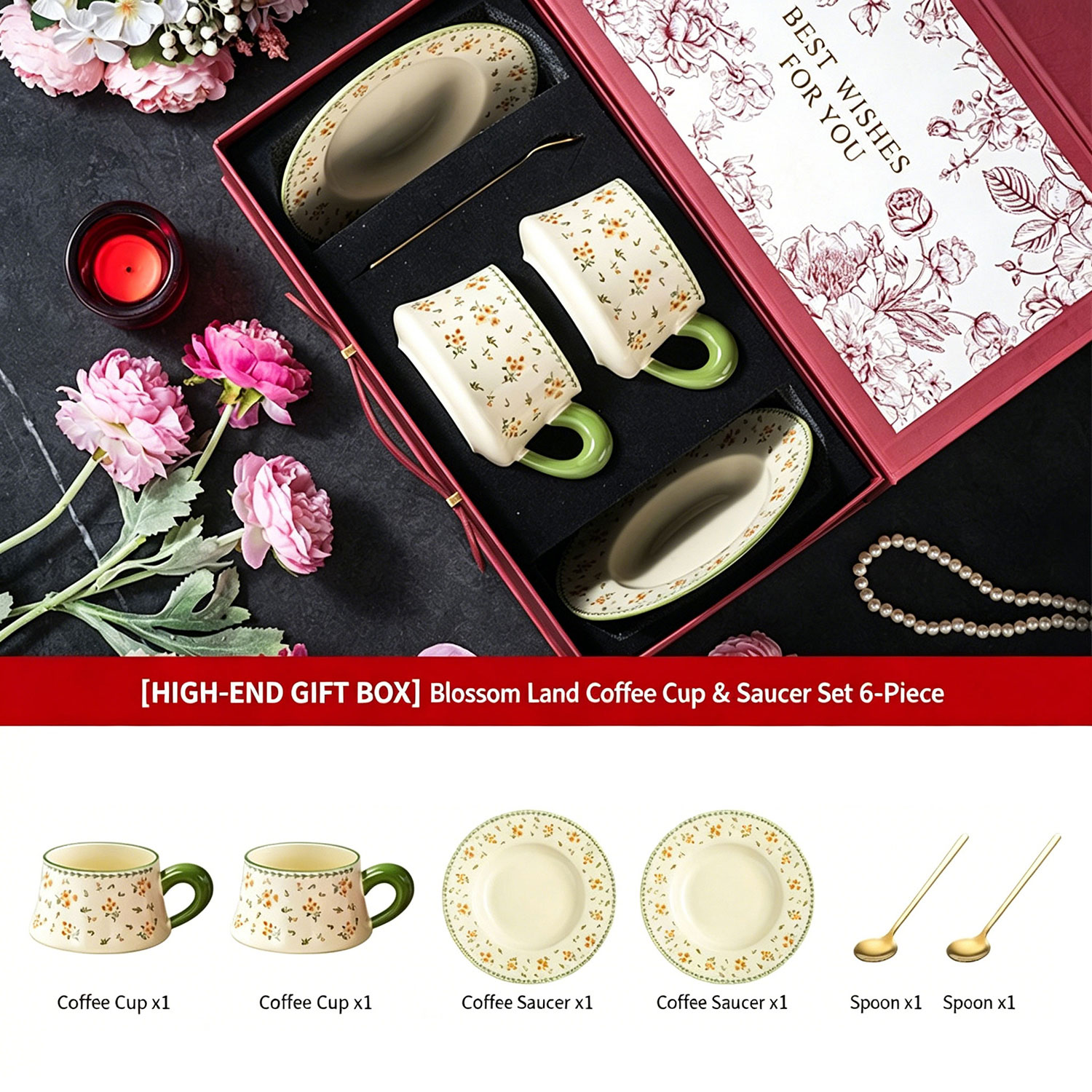 Floral Ceramic Coffee Cup Saucer Gift Set, Afternoon Tea Tableware Wedding Bridal Shower Souvenir Gift Box