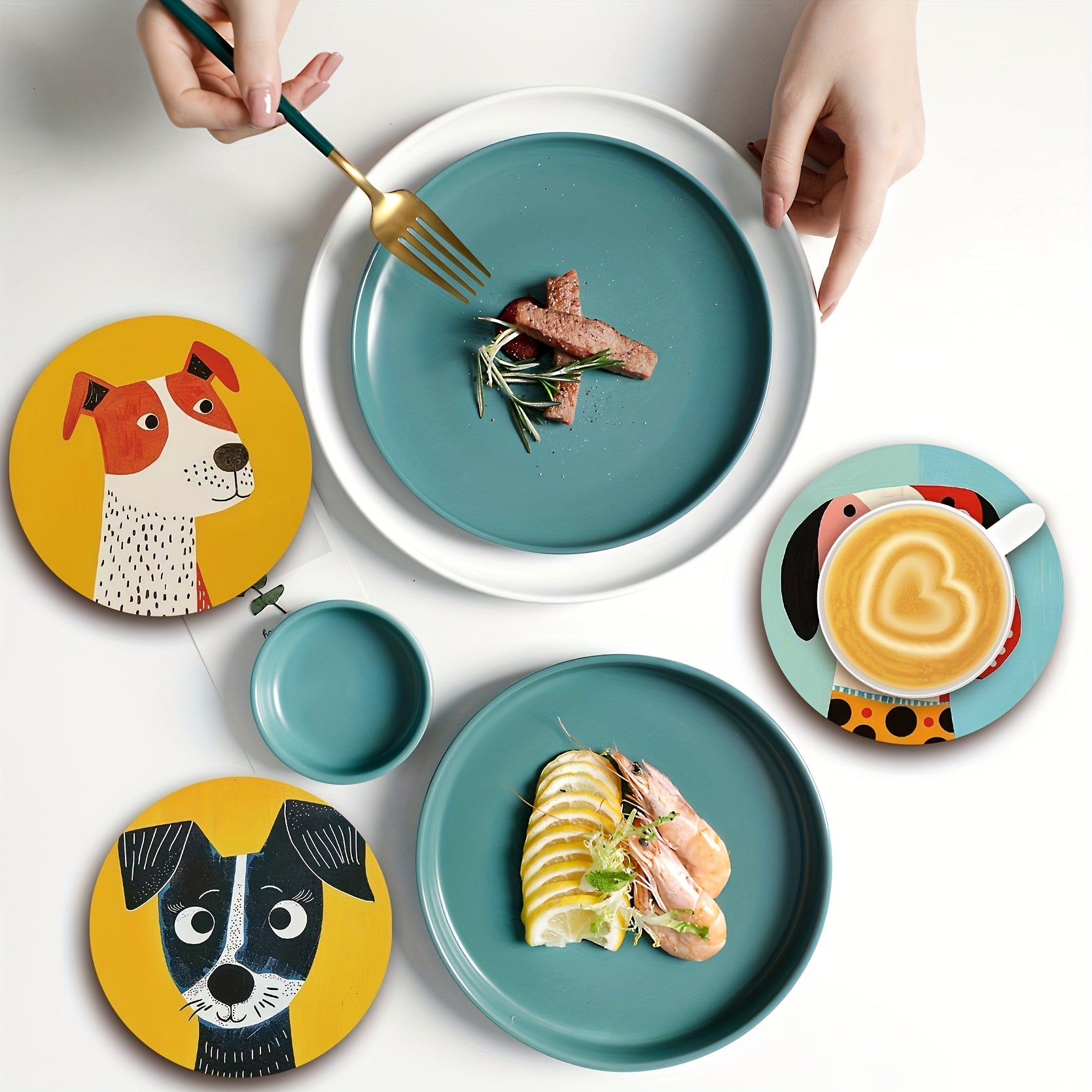 Heat-Resistant Puppy Coaster Set | 6 Wooden Drink Mats with Anti-Slip Base, Cute Dog Pattern Coffee Tea Cup Protectors, Home & Office Tableware Essentials