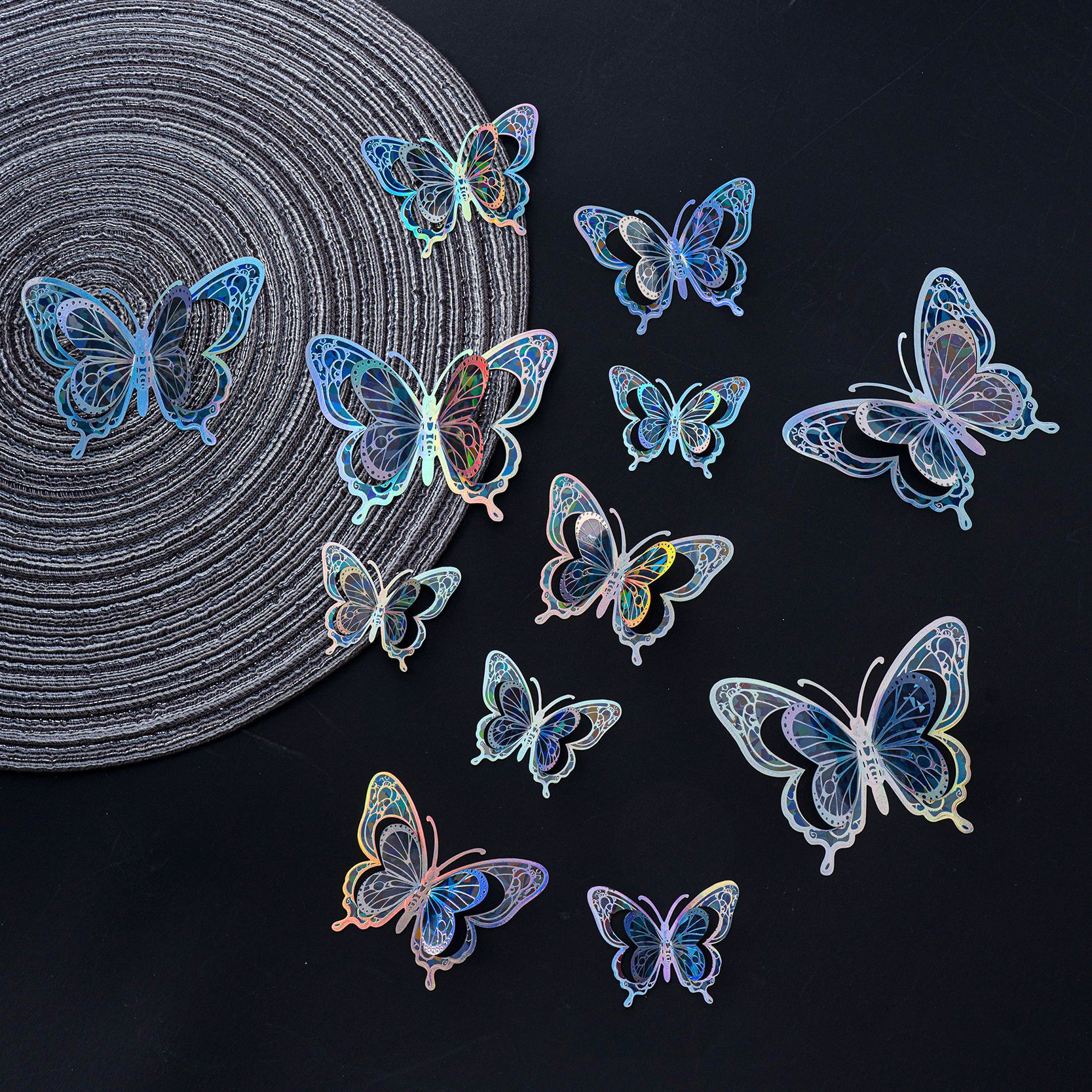 Rainbow Holographic Butterfly Stickers: Magical Decor for Your Wall, 12-Piece Set with 8 Dreamy Colors