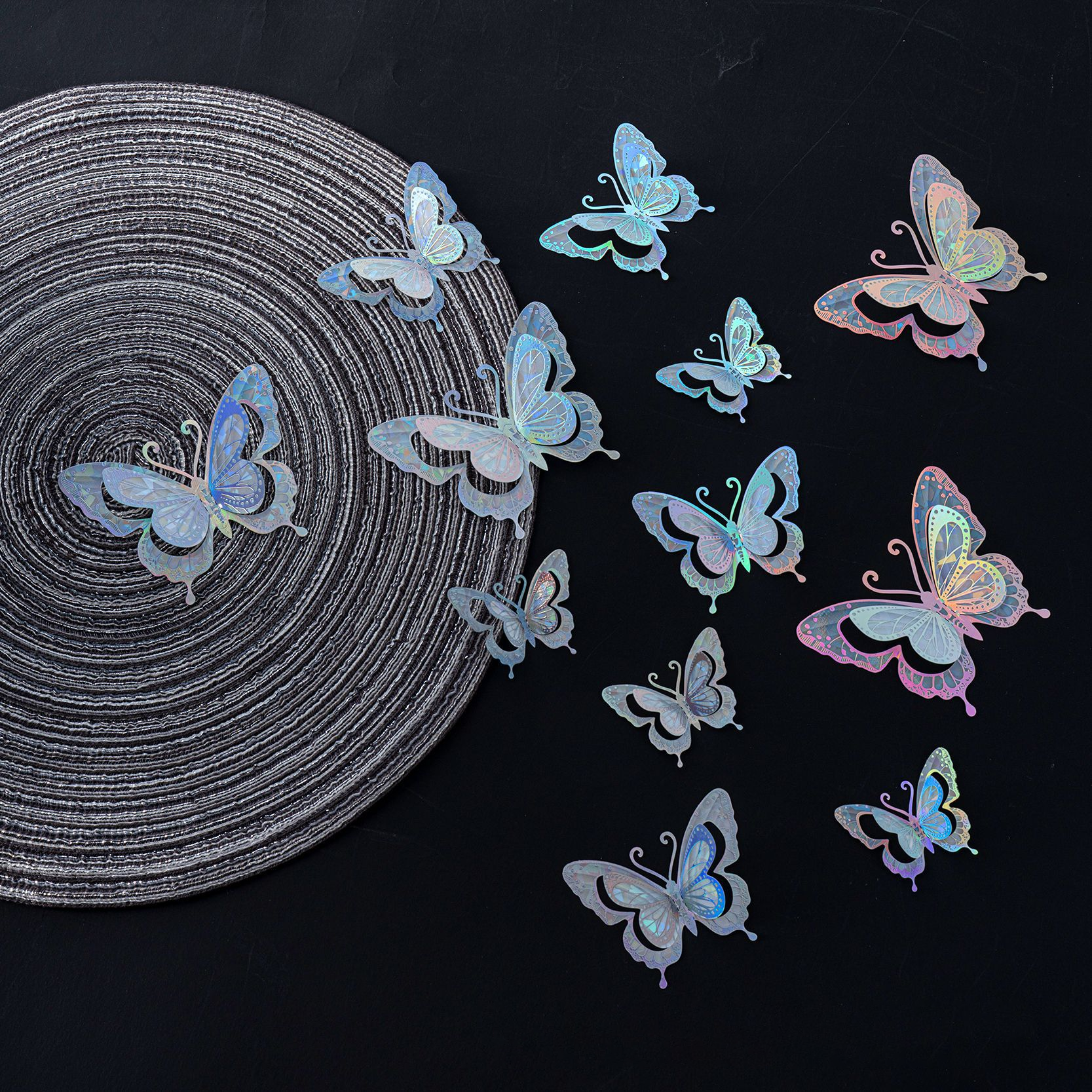 Rainbow Holographic Butterfly Stickers: Magical Decor for Your Wall, 12-Piece Set with 8 Dreamy Colors