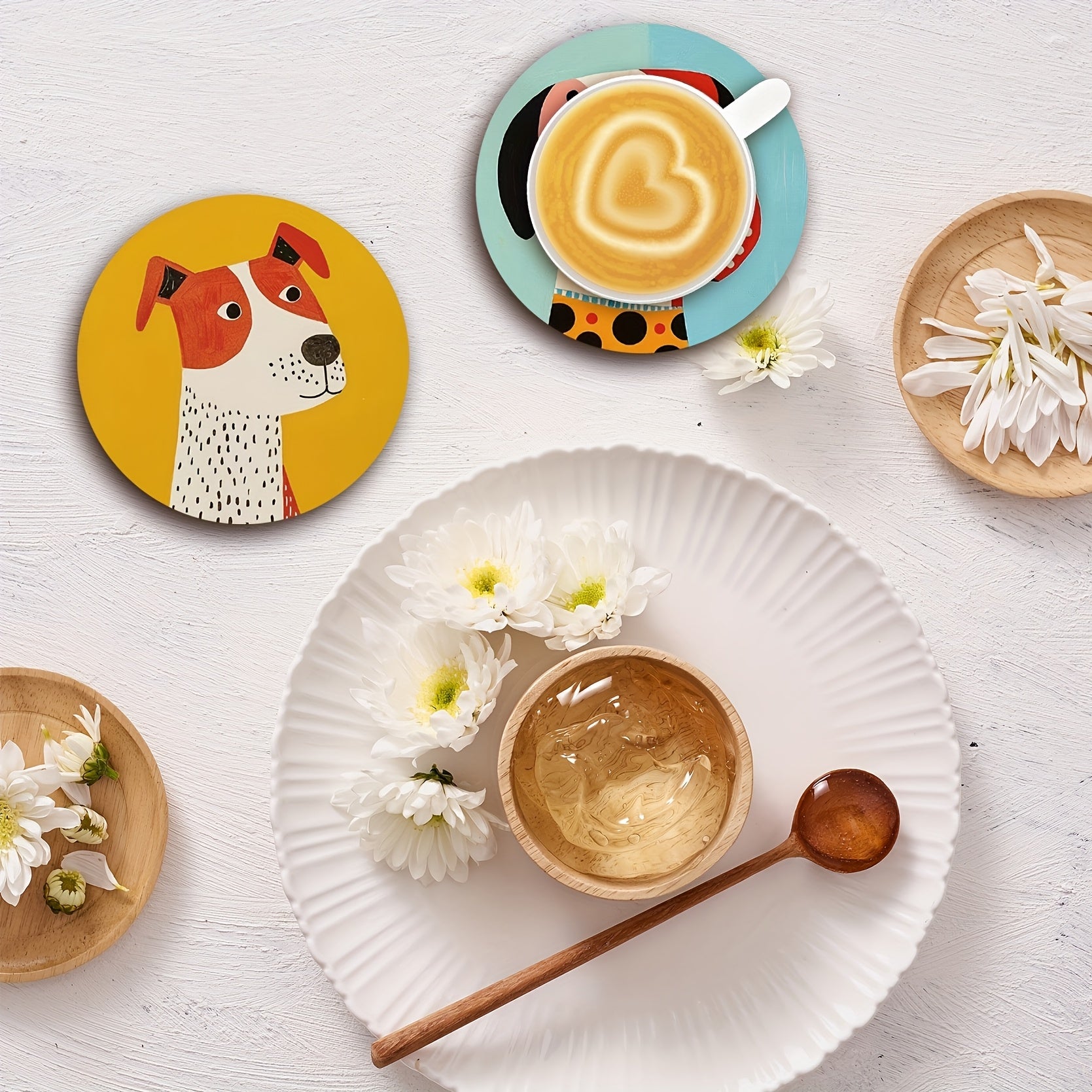 Heat-Resistant Puppy Coaster Set | 6 Wooden Drink Mats with Anti-Slip Base, Cute Dog Pattern Coffee Tea Cup Protectors, Home & Office Tableware Essentials