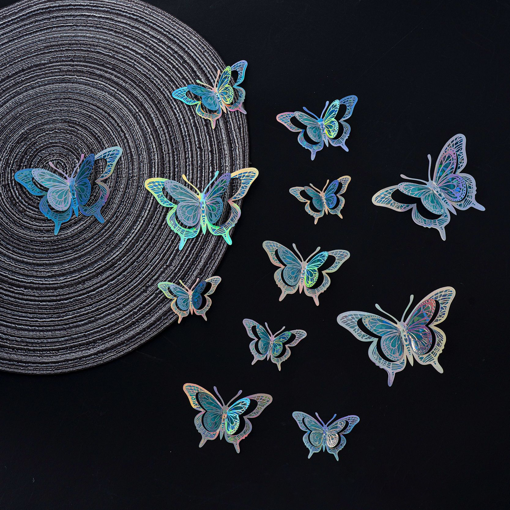 Rainbow Holographic Butterfly Stickers: Magical Decor for Your Wall, 12-Piece Set with 8 Dreamy Colors