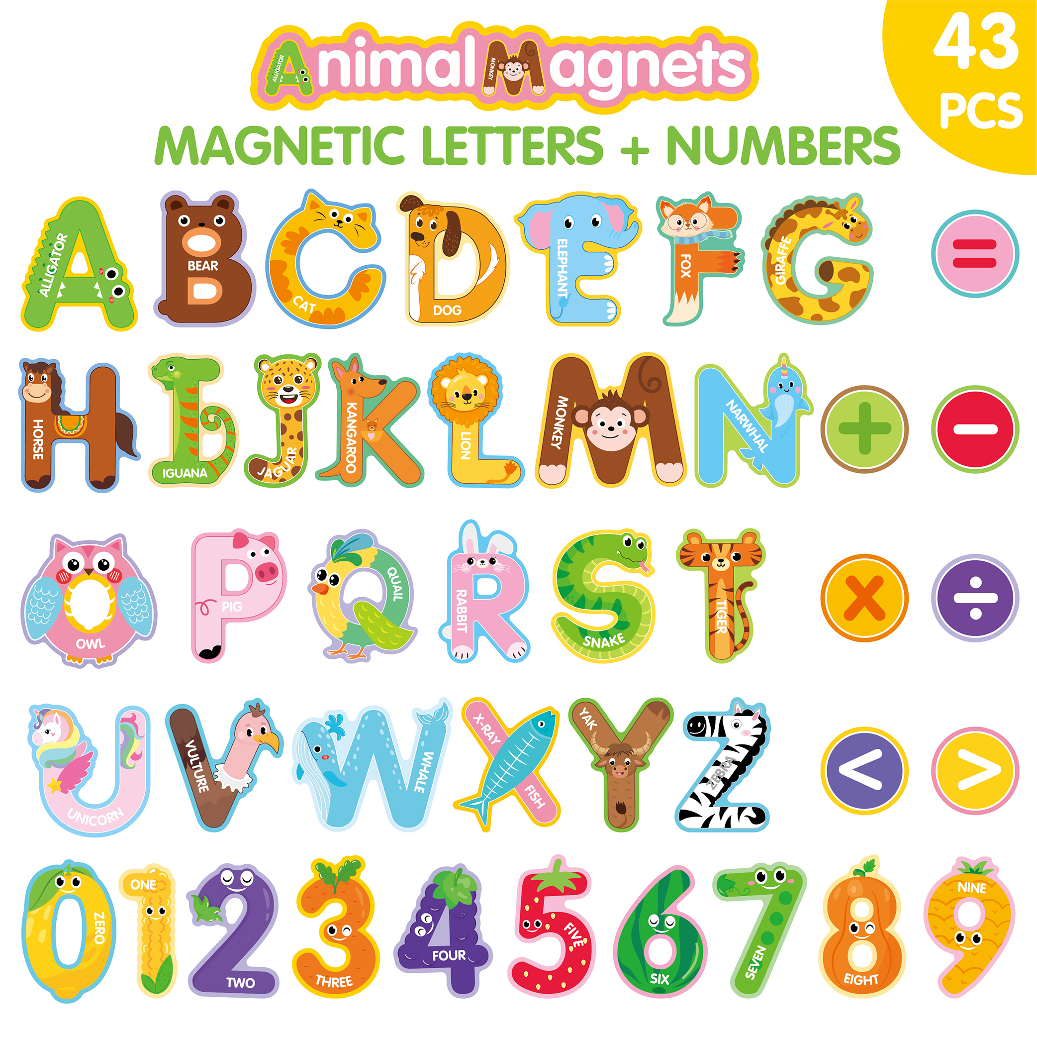 43-Piece Animal-Shaped Soft Magnetic Letter & Number Fridge Magnets - Kids Educational Early Learning Toy