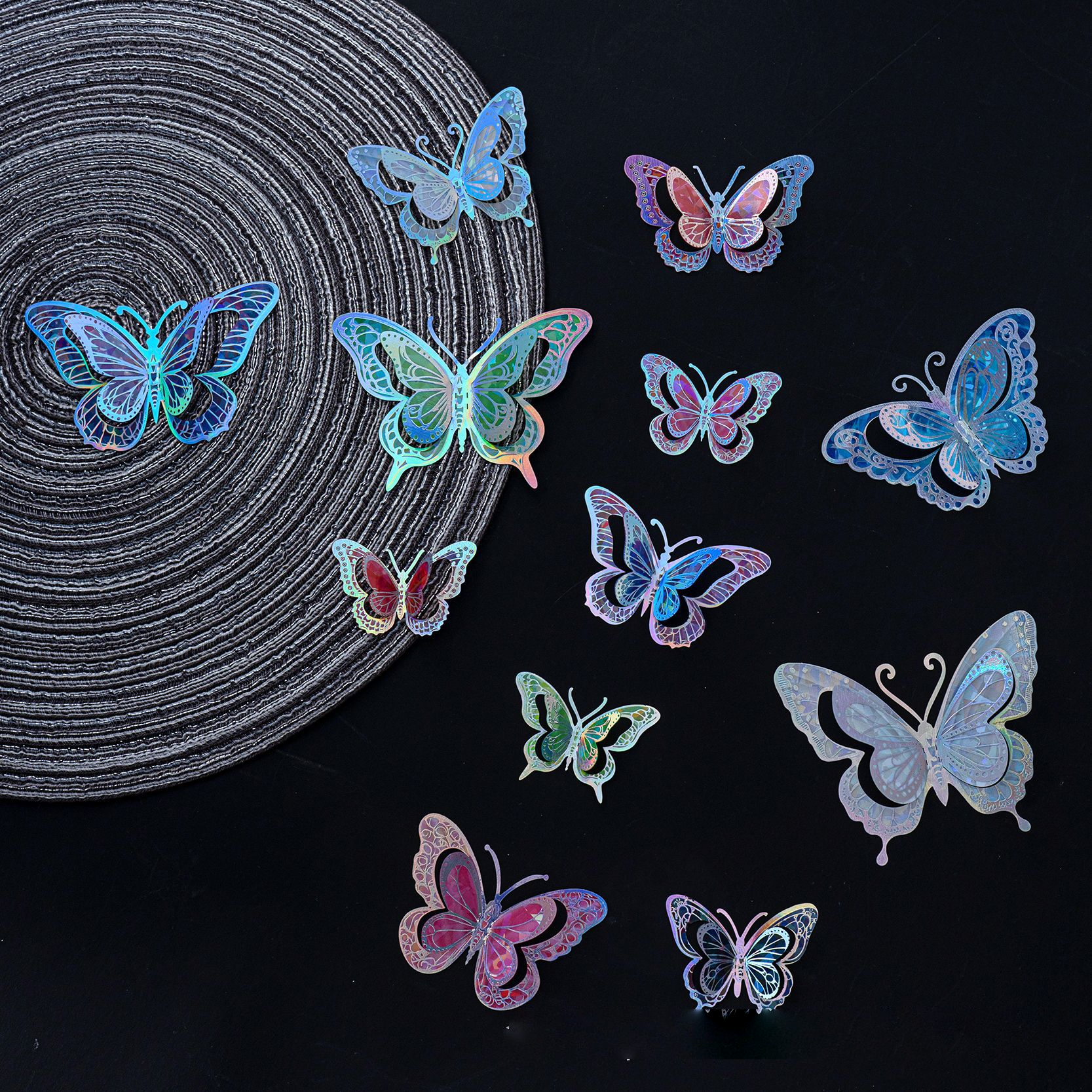 Rainbow Holographic Butterfly Stickers: Magical Decor for Your Wall, 12-Piece Set with 8 Dreamy Colors