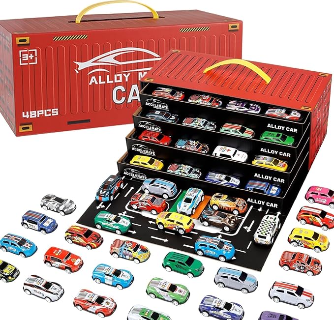 Alloy Model Die-Cast Toy Cars Set with Storage Box, 48 Pcs | Pull-Back Function, Includes Play Mat, 4-Tier Display Rack, Ages 3 and Up, Boys and Girls