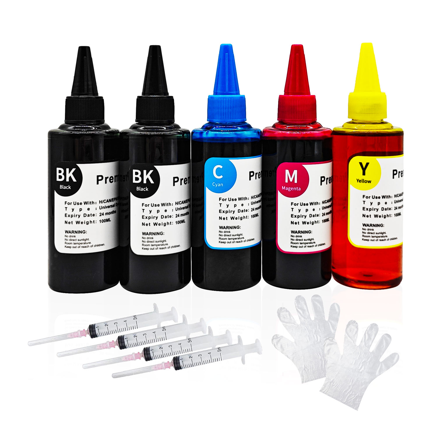 Professional Grade Ink Refill Kit | Complete 5-Bottle Set with Precision Syringes for Refillable Cartridge Systems | Dye Ink for Text & Graphics Printing