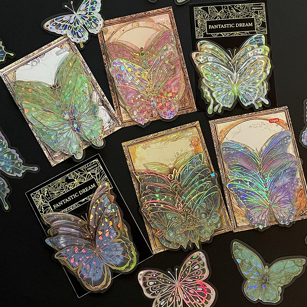 Rainbow Holographic Butterfly Stickers with Gold Foil: Iridescent Decor for Crafts & Journals
