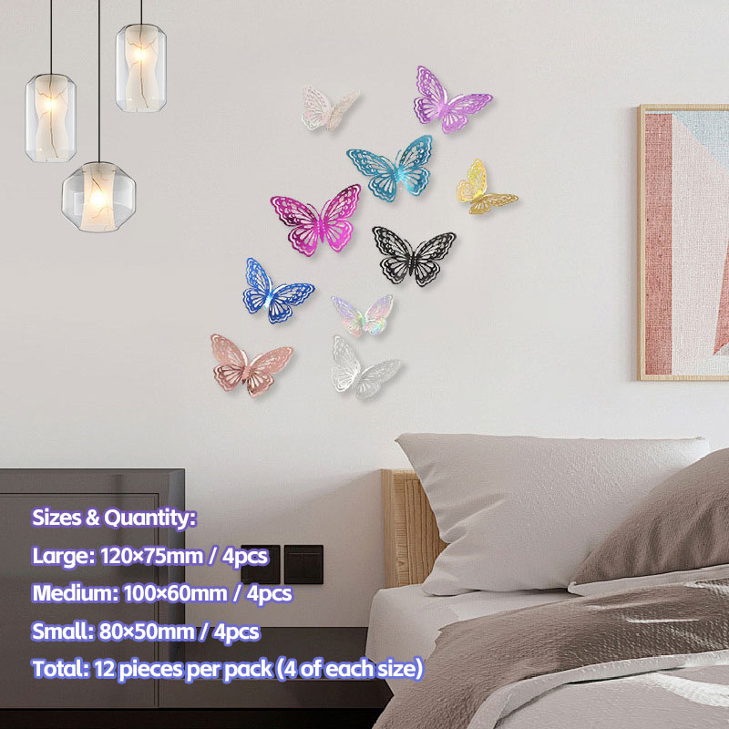 Shimmering 3D Butterfly Decor Set: Laser-Cut Metallic Design for Walls & Cakes, 12pcs in Mixed Sizes