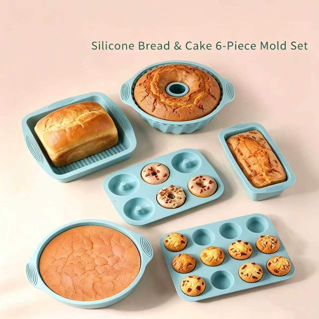 Silicone Baking Mold Set Non-Stick Food Grade Bakeware Kit Including Loaf Pan, Bundt Cake Mold, Muffin Tray for Bread Cake Baking Oven Use