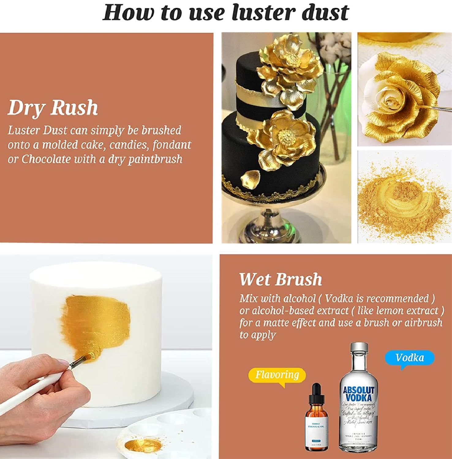 Easy buy Edible Luster Dust, 15 Grams Food Grade Gold Cake Dust Shimmer Metallic Gold Food Coloring Powder for Cake Decorating, Baking, Fondant, Chocolate, Candy, Drinks, Cookies