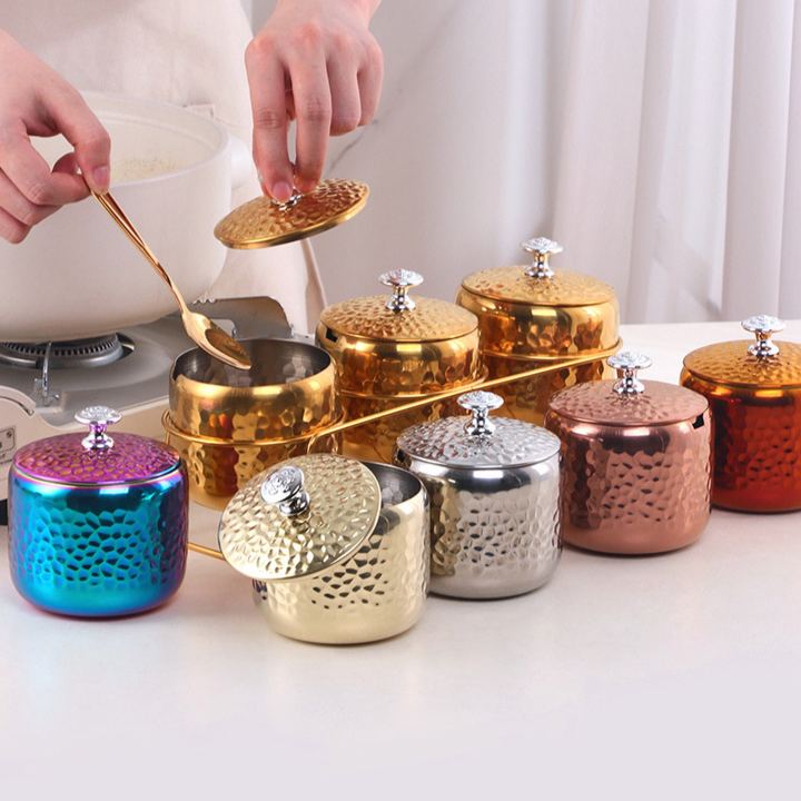 304 Stainless Steel Hammered Seasoning Jar Spice Box with Spoon and Rack