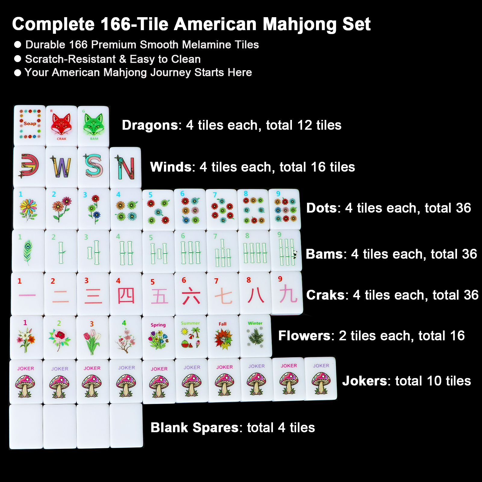 American Mahjong Game Set – Complete 166 Melamine Tiles with Rule Cards & Travel Bag
