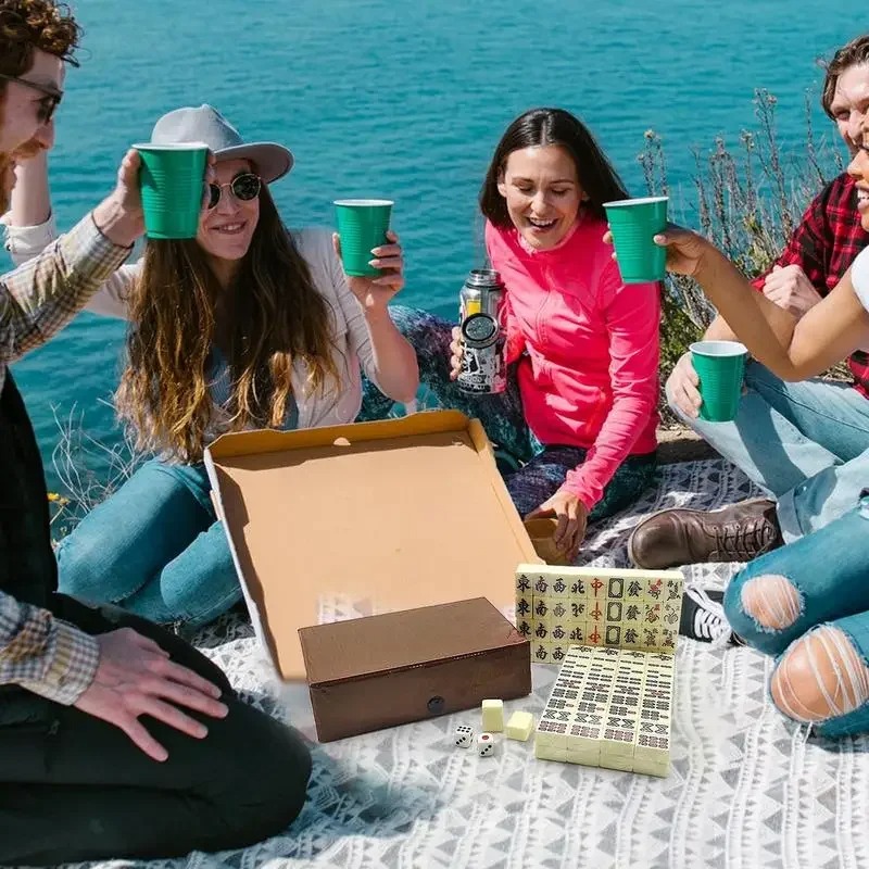 Chinese Mahjong Game Set with 144 Mini Melamine Tiles – Portable White Engraved Travel Mahjong Set with Carry Case for Parties & Family Game Night