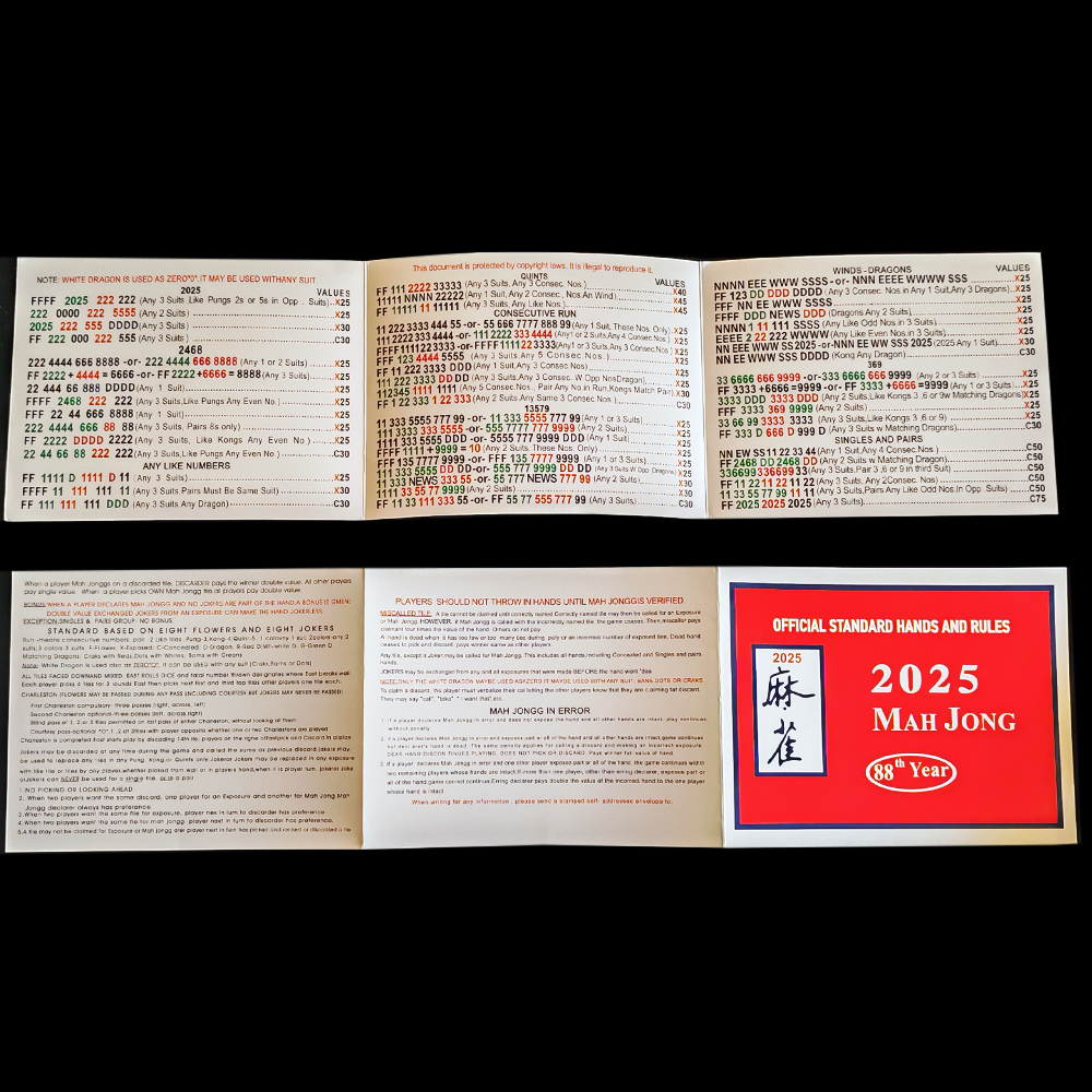 Mahjong Rules Card – Set of 4 Quick-Reference Guide for American Mahjong
