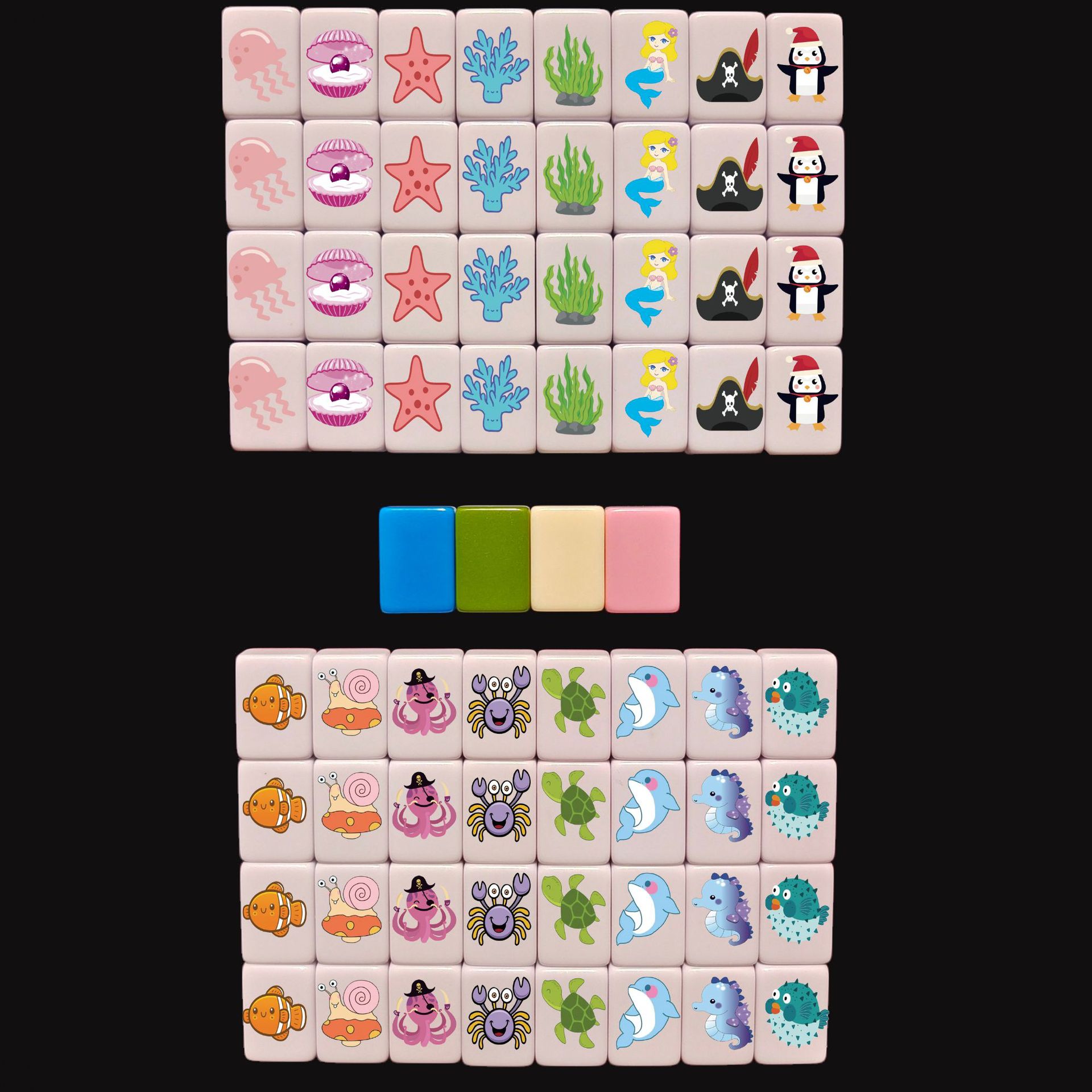 Seaside Escape Mahjong Game Set – 64+1 Mini Mahjong 24mm Tiles, Multi-Style Pattern Match & Clear Board Game for Family & Party Fun