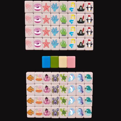 Seaside Escape Mahjong Game Set – 64+1 Mini Mahjong 24mm Tiles, Multi-Style Pattern Match & Clear Board Game for Family & Party Fun