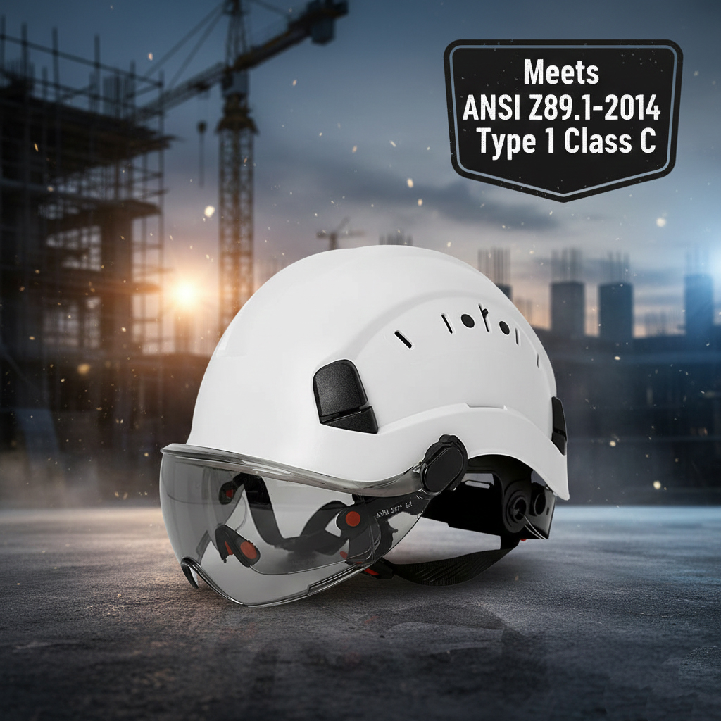 Vented Construction Hard Hat with Dual Retractable Visors, Adjustable 6-Point Suspension