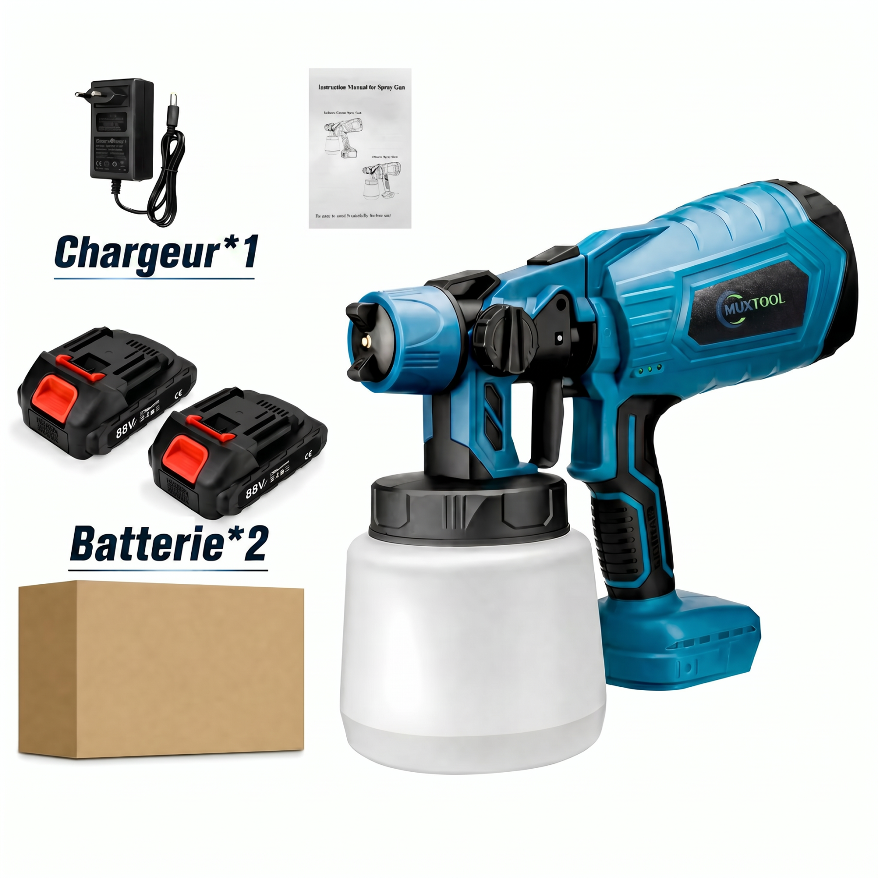 Pistolet de peinture sans fil – 2 batteries incluses – Idéal pour la maison, les meubles et les clôtures.
