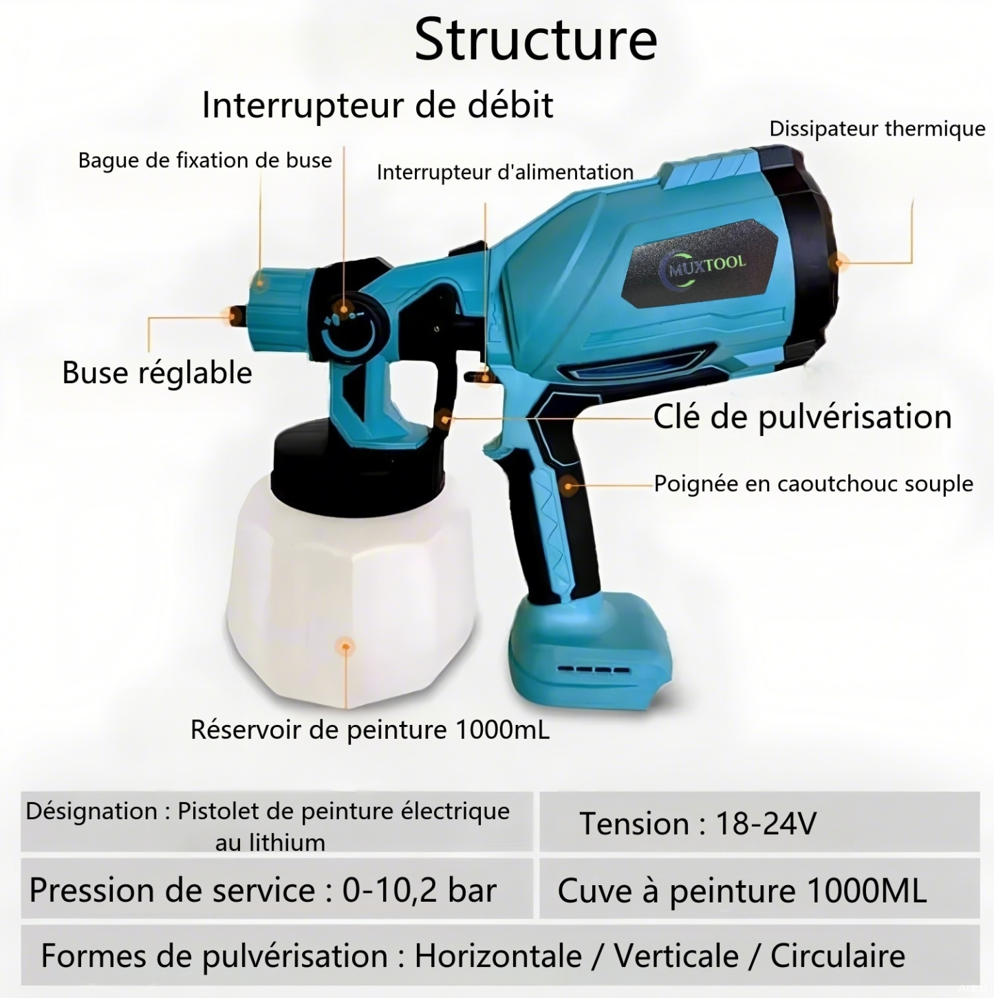 Pistolet de peinture sans fil avec 2 batteries, idéal pour les projets de bricolage : peinture de maisons, meubles et clôtures.