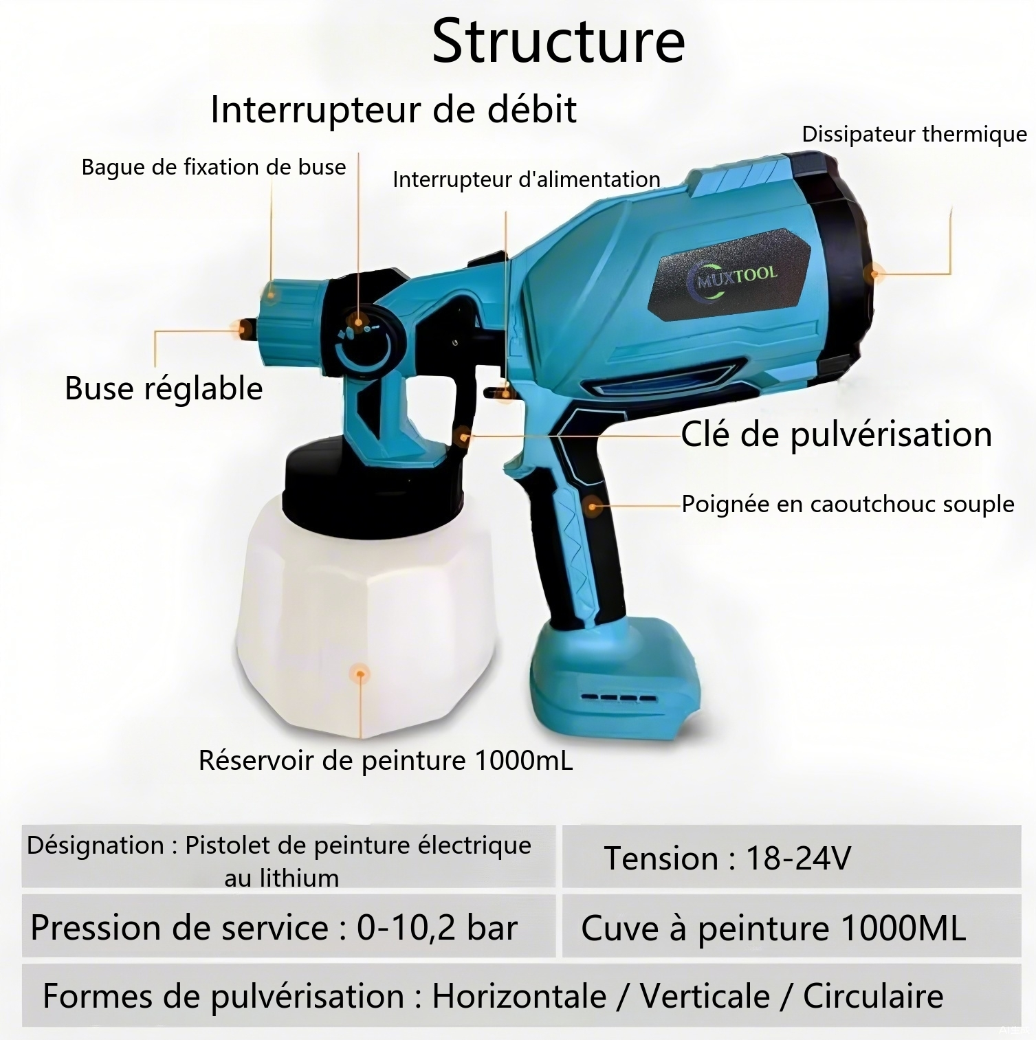 Pistolet de peinture sans fil avec 2 batteries, idéal pour les projets de bricolage : peinture de maisons, meubles et clôtures.