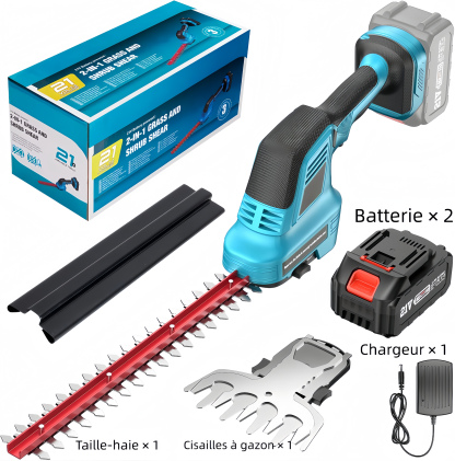 Taille-haie et cisailles à gazon sans fil 2‑en‑1 avec 2 batteries – légères, compactes et idéales pour l’entretien du jardin