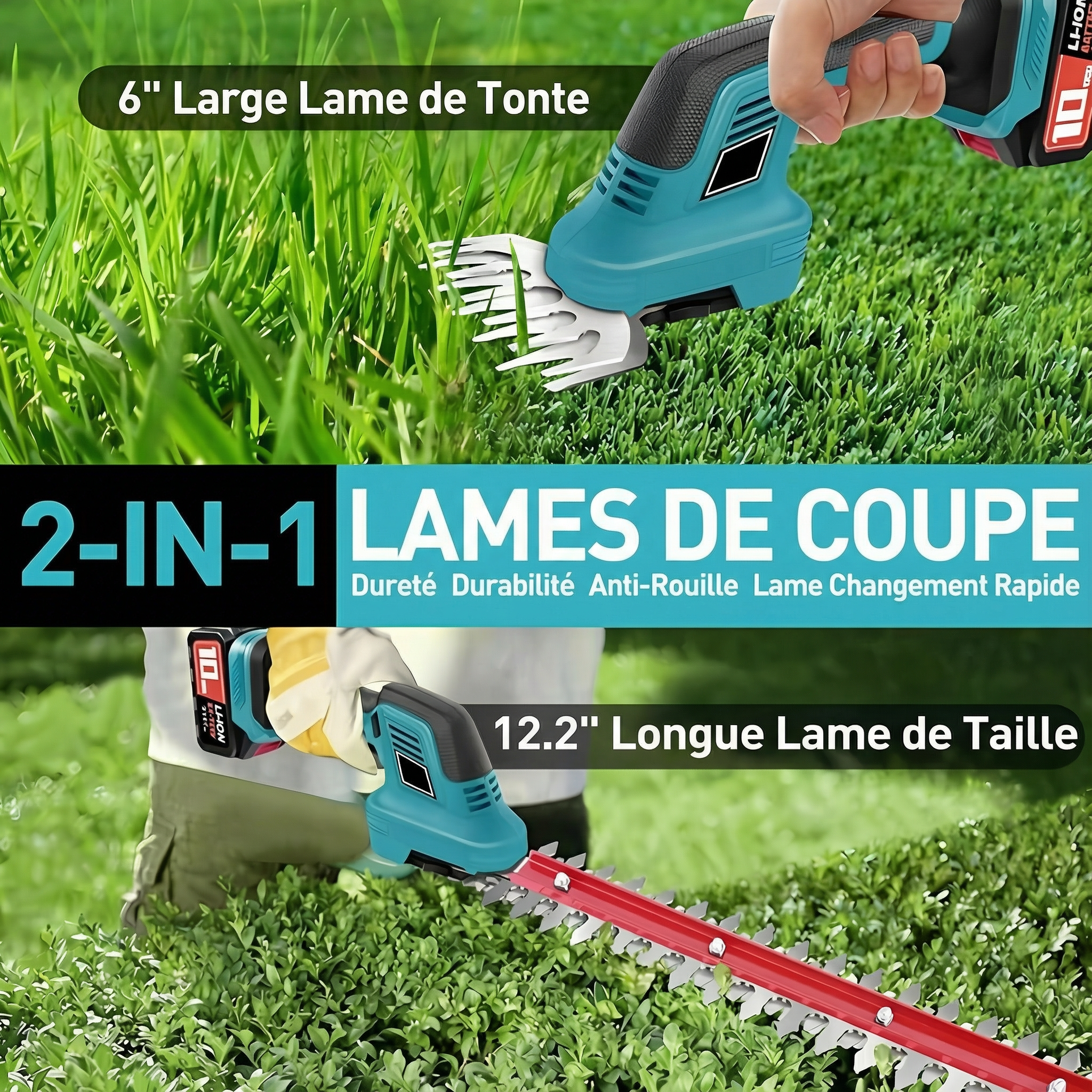 Taille-haie et cisailles à gazon sans fil 2‑en‑1 avec 2 batteries – légères, compactes et idéales pour l’entretien du jardin