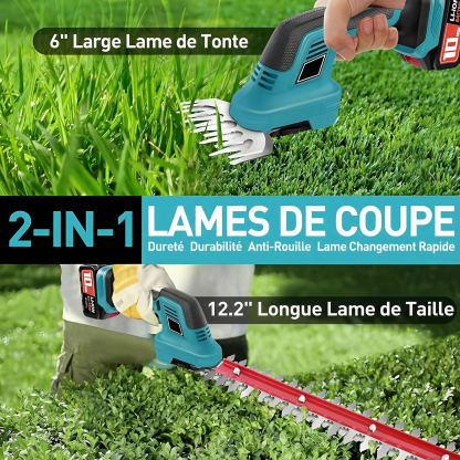 Taille-haie et cisailles à gazon sans fil 2‑en‑1 avec 2 batteries – légères, compactes et idéales pour l’entretien du jardin