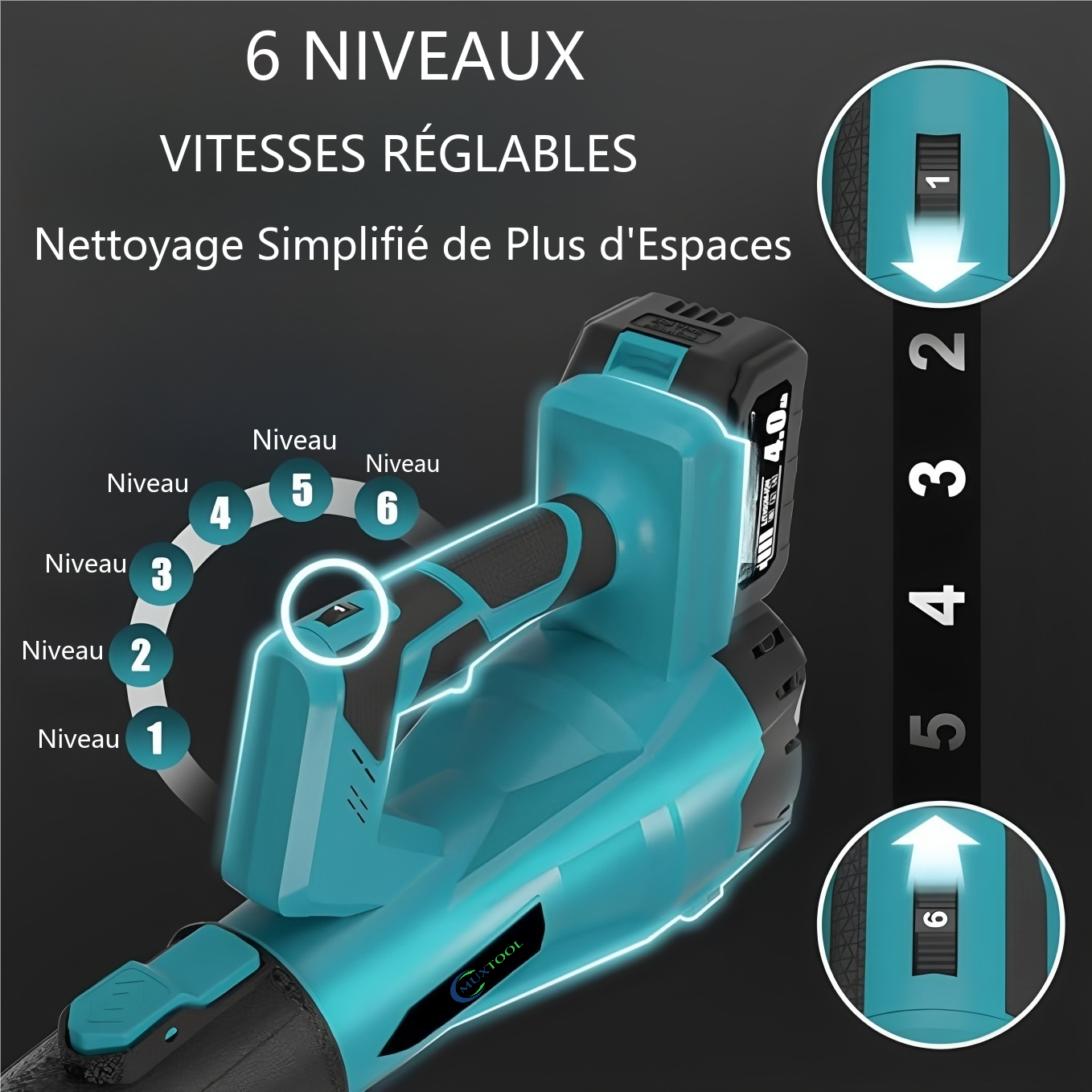 Souffleur sans fil 21 V, 6 vitesses – nettoyage rapide et efficace de la cour et de la terrasse – 2 batteries incluses