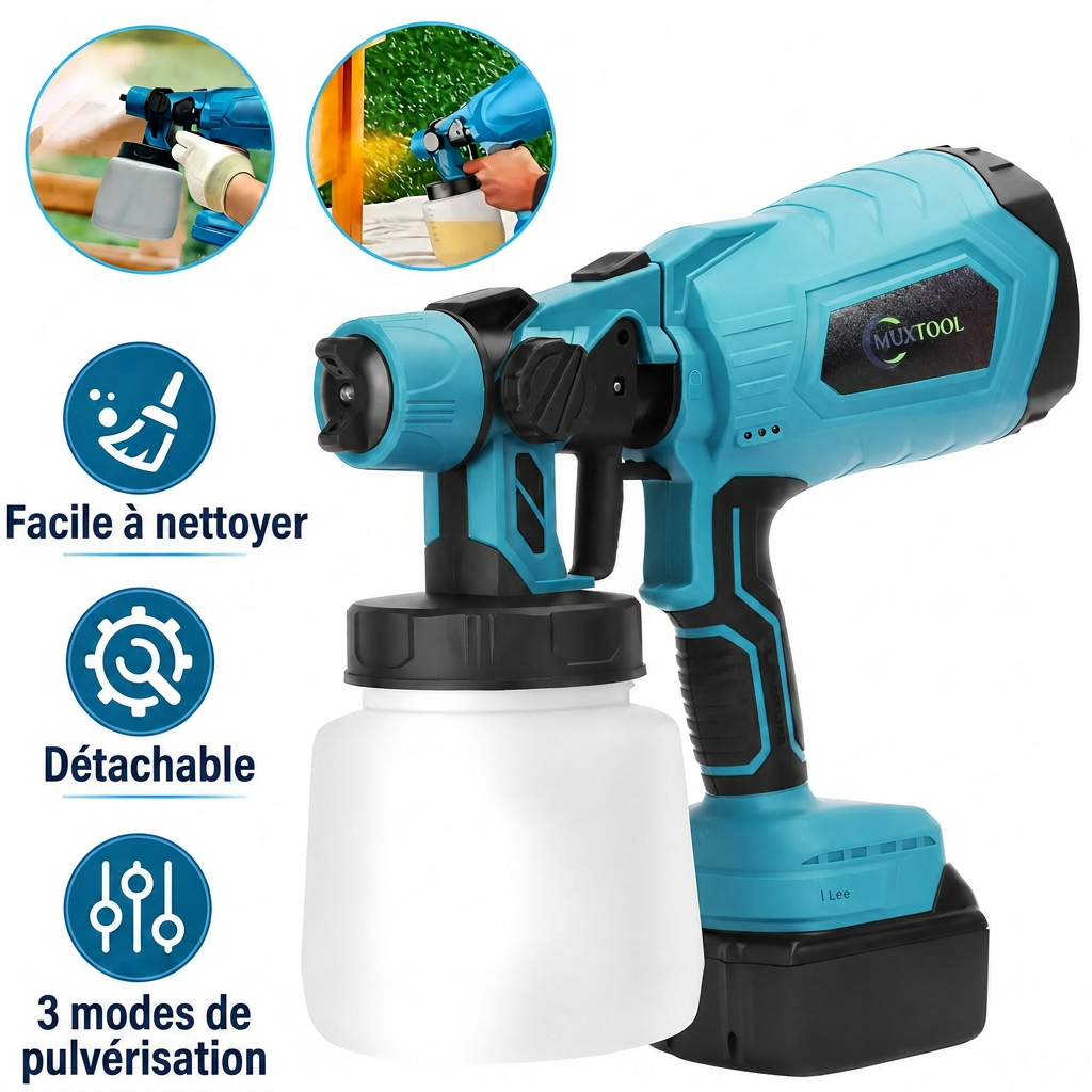 Pistolet de peinture sans fil – 2 batteries incluses – Idéal pour la maison, les meubles et les clôtures.