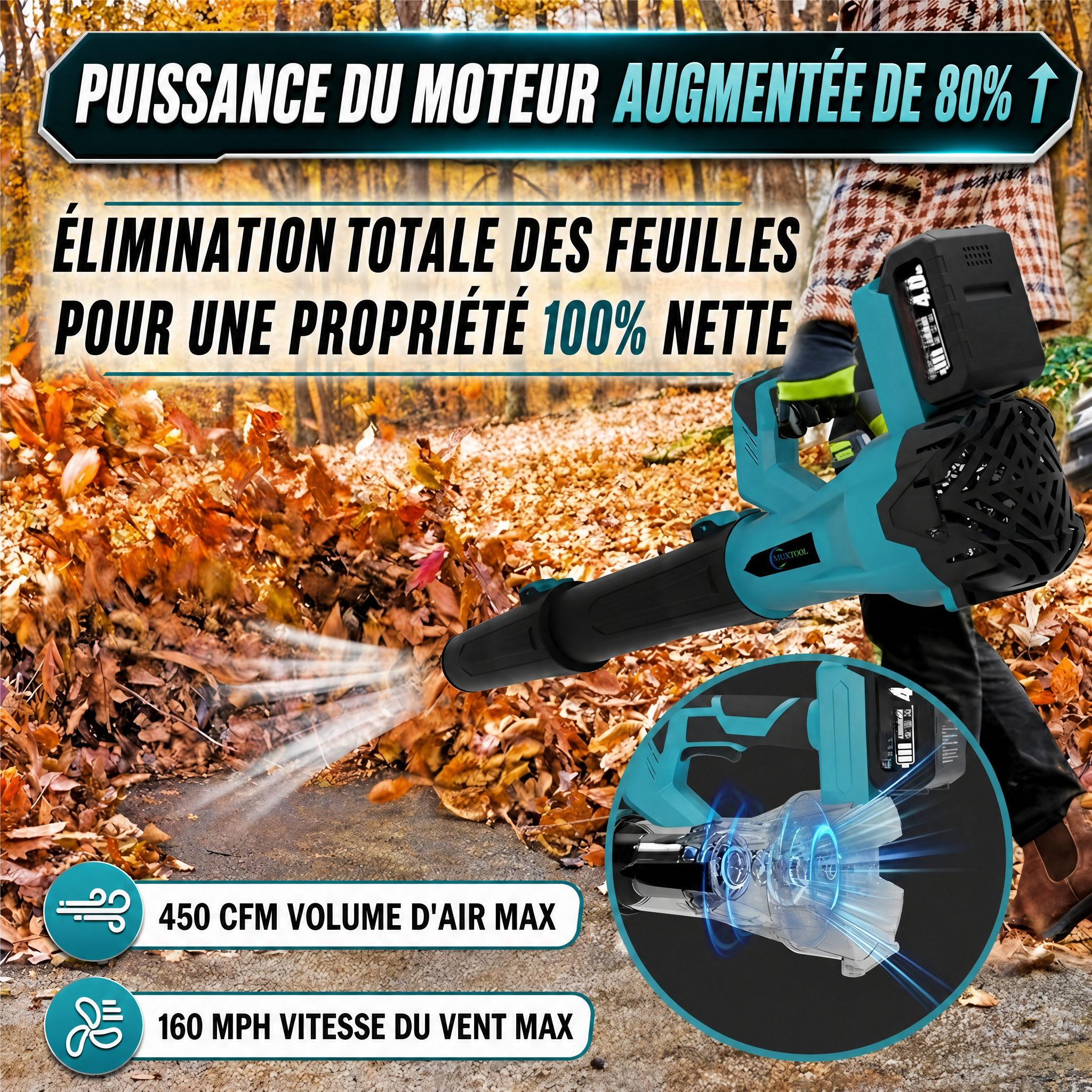 Souffleur sans fil 21 V, 6 vitesses – nettoyage rapide et efficace de la cour et de la terrasse – 2 batteries incluses