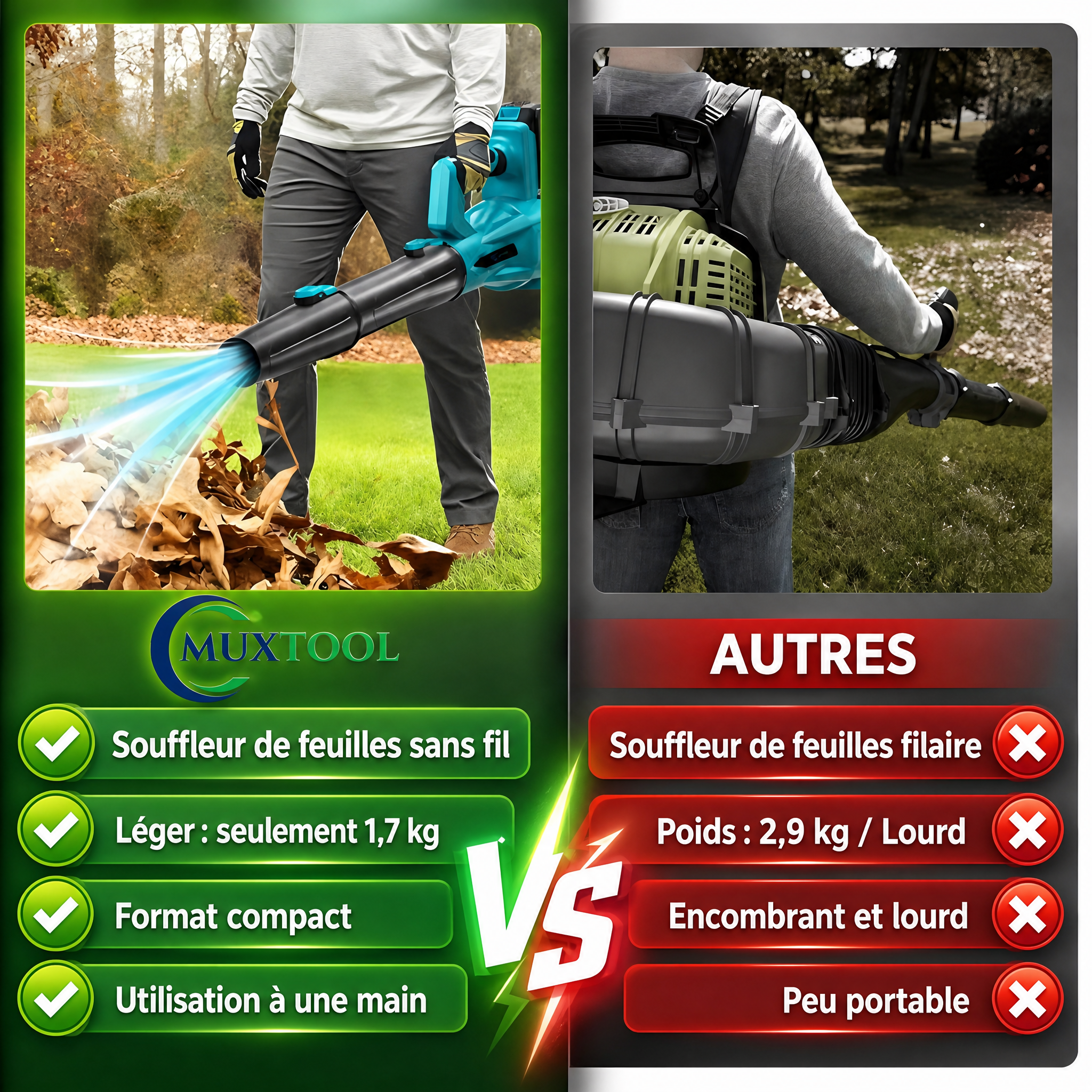 Souffleur sans fil 21 V, 6 vitesses – nettoyage rapide et efficace de la cour et de la terrasse – 2 batteries incluses