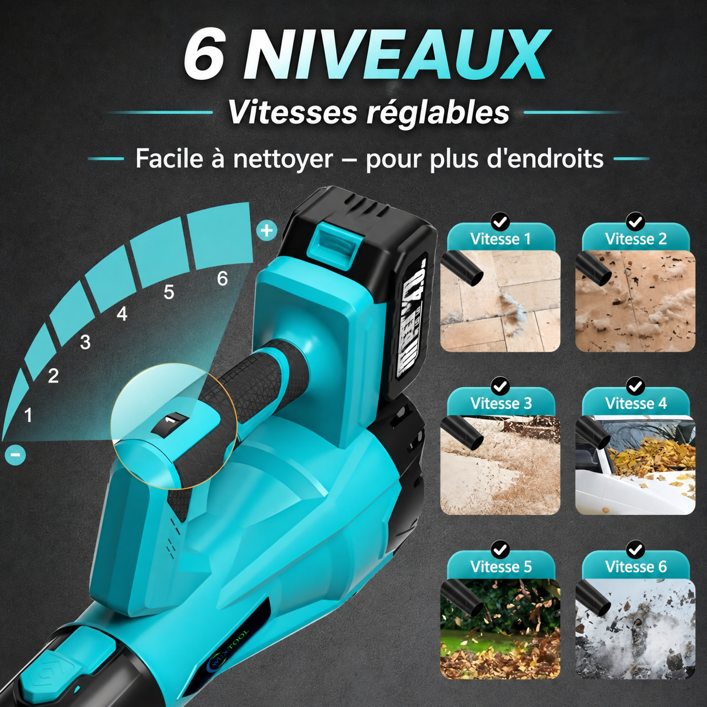 Souffleur sans fil 21 V, 6 vitesses – nettoyage rapide et efficace de la cour et de la terrasse – 2 batteries incluses
